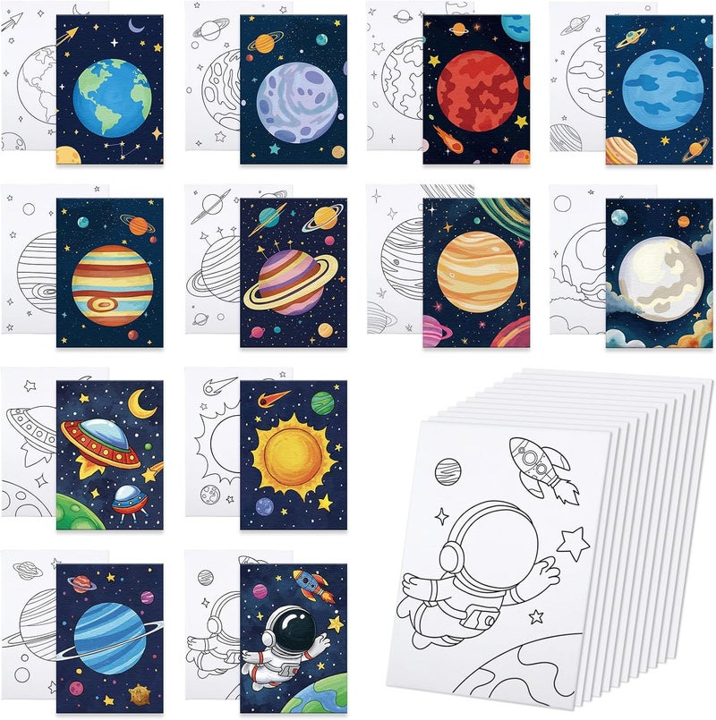 Anseal 12 Packs Planet Pre Drawn Canvas to Paint, Pre Printed Canvas for Adults, Space Planet Party Favors, Pre Stretched Canvas Outline Painting Boards for Beginners, Party Favor - Image 1